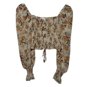 Blush J Floral‎ Print Square Neck Smocked Crop Top Long Sleeve Tie Front S